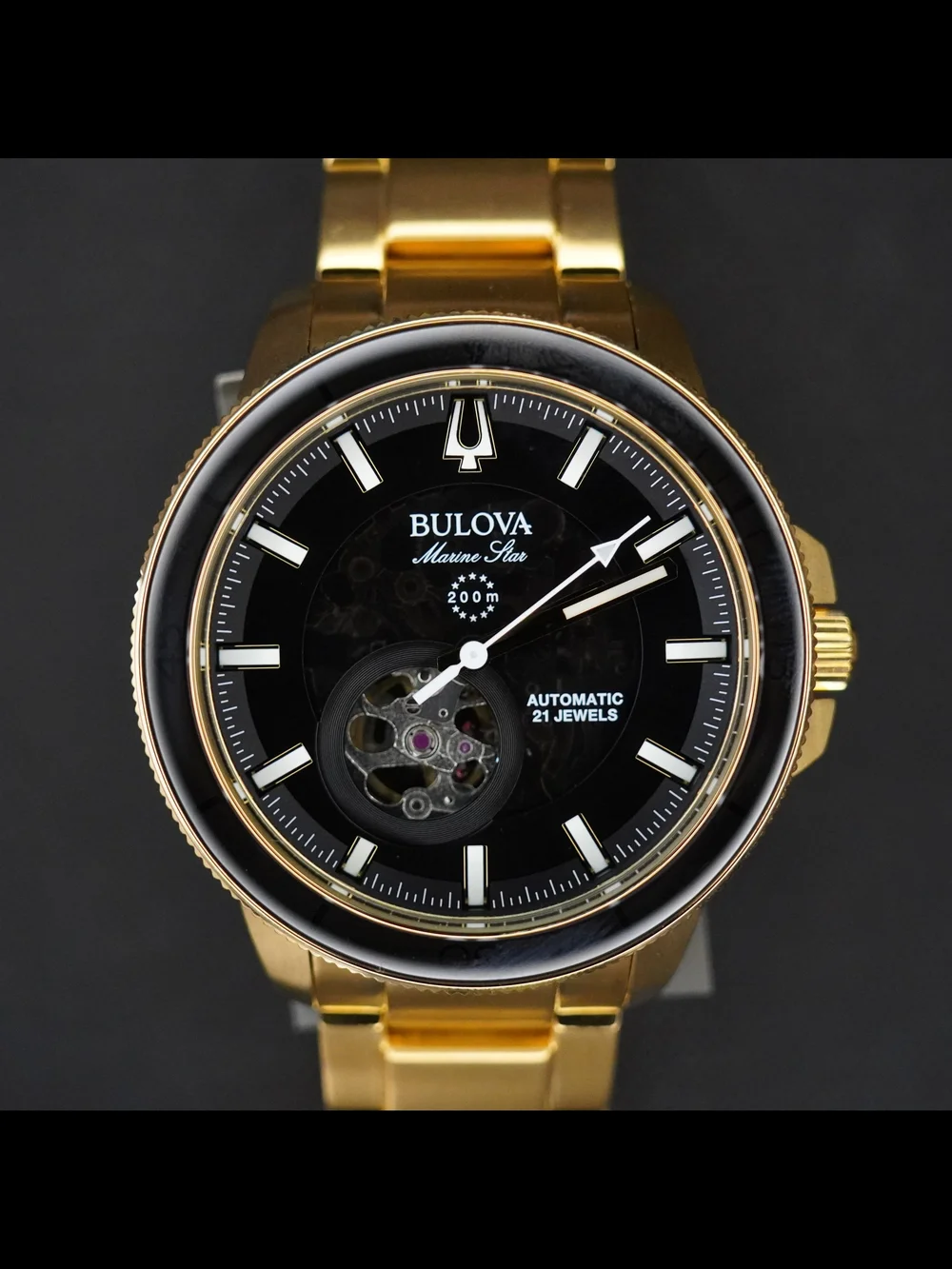 Bulova Marine Star Automatic Black Dial 200M Gold Tone Men's Watch 97A174